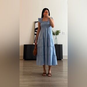 Hill House Light Blue Smocked Midi Dress with metallic thread